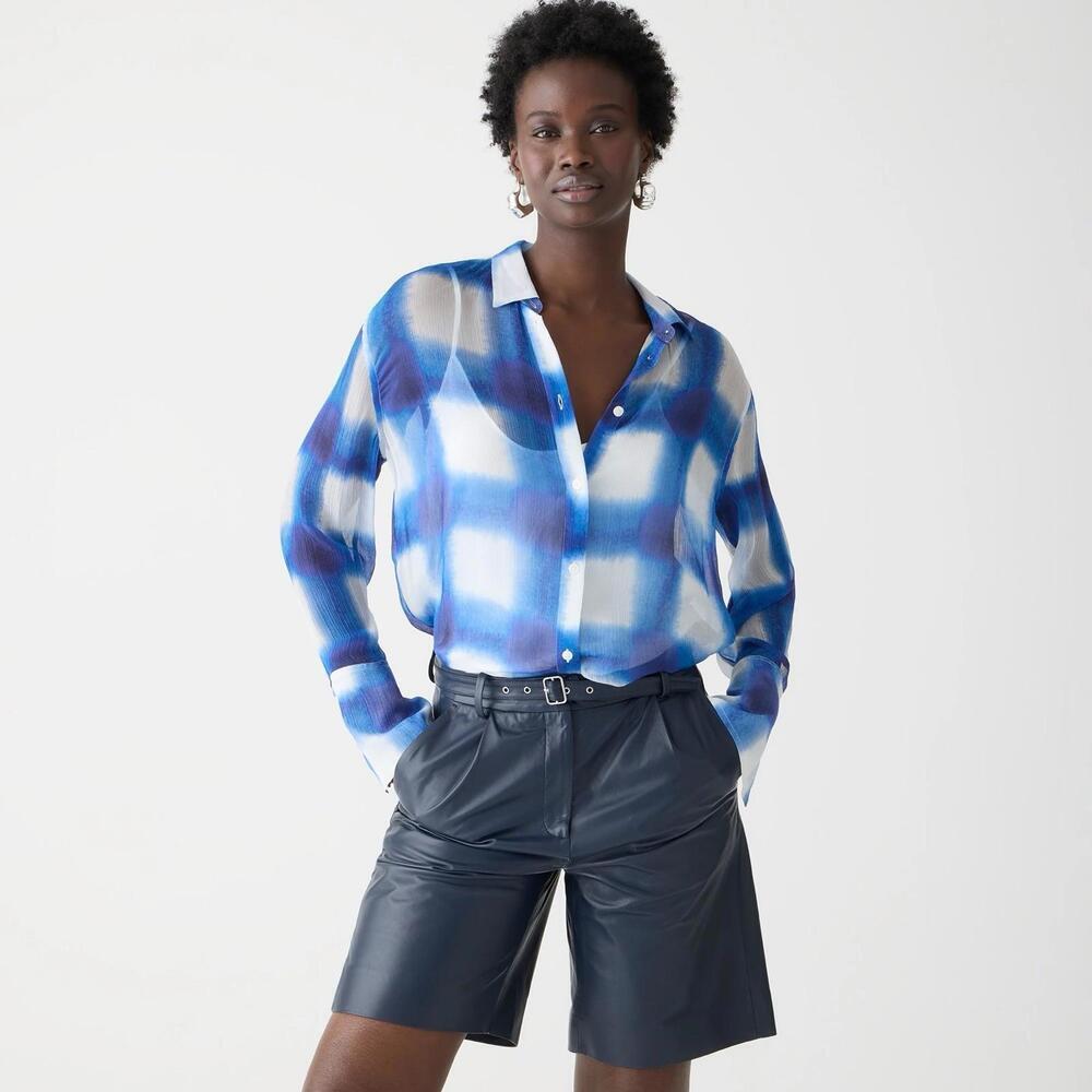 J.crew  Top Women’s 6 blue cupro check plaid sheer summer festival beachy spring